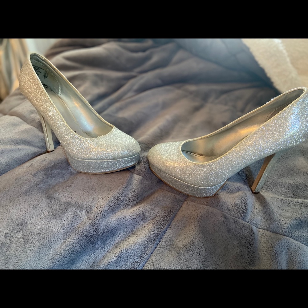 Silver sparkle platform heels